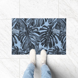 Tropical Dark Blue Monstera Jungle Leaves  Doormat