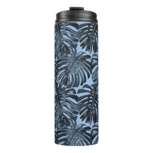 Tropical Dark Blue Monstera Jungle Leaves Thermal Tumbler