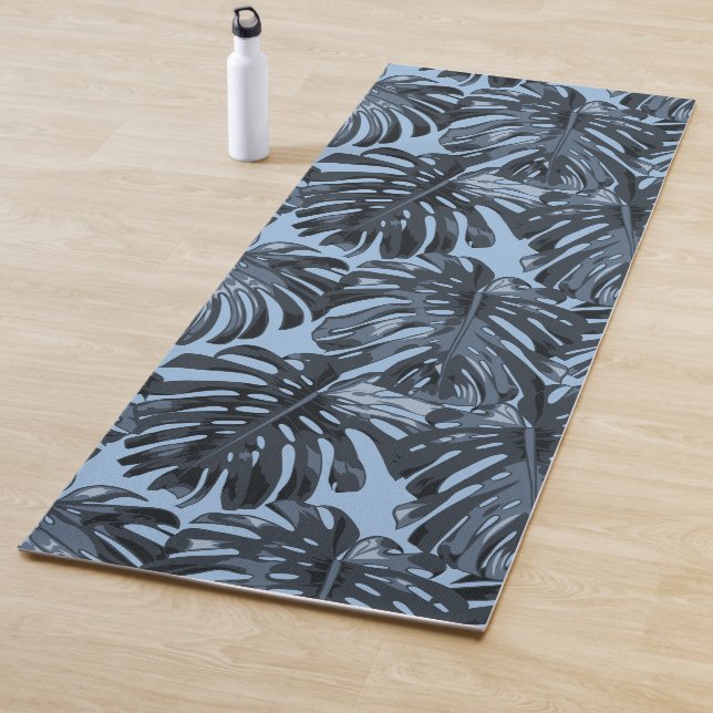 Tropical Dark Blue Monstera Jungle Leaves Yoga Mat (In Situ)