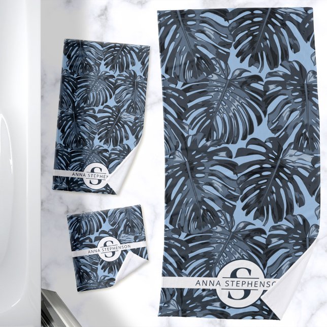 Tropical Dark Blue Palm Leaves Monogram Name Bath Towel Set (Dark blue towels with a tropical leaf print and an elegant monogram)
