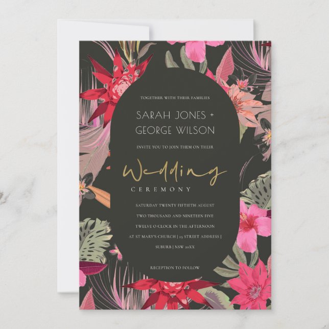 Tropical Dark Boho Red Blush Floral Wedding Invite (Front)