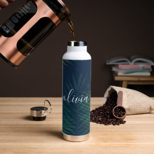 Tropical Dark Green Palm Leaves Pattern  Water Bottle