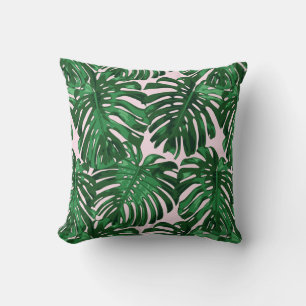 Tropical Dark Green Pink Jungle Leaves Cushion