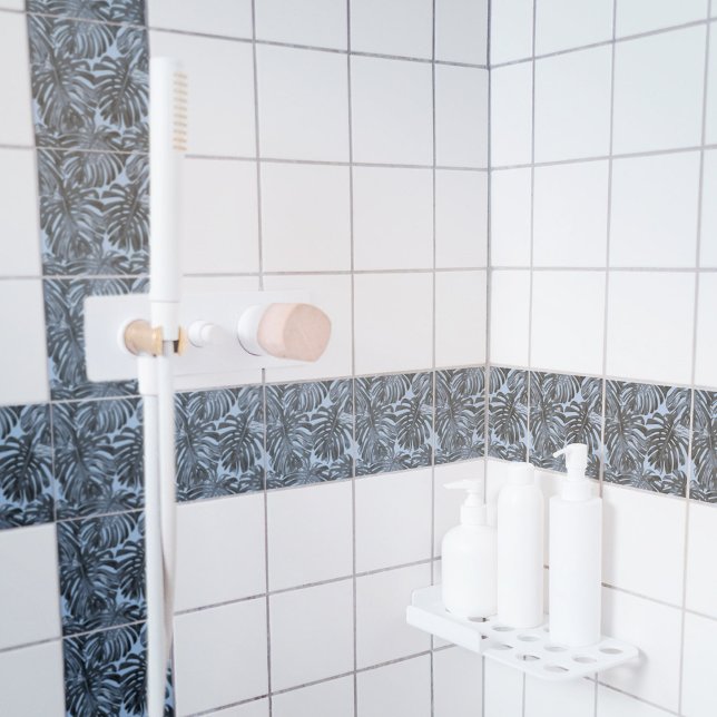 Tropical Dark Grey Blue Jungle Leaves Tile (Pattern of decorative tiles in a shower cubicle)