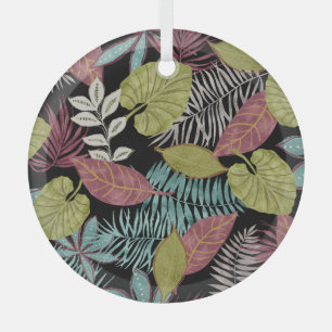 Tropical Dark Leaves: Textile Pattern Design Glass Tree Decoration