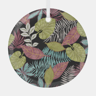 Tropical Dark Leaves: Textile Pattern Design Glass Tree Decoration