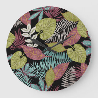 Tropical Dark Leaves: Textile Pattern Design Large Clock