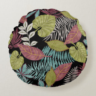 Tropical Dark Leaves: Textile Pattern Design Round Cushion
