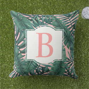 Tropical Dark Palm Leaf Blush Monogram Initial Cushion
