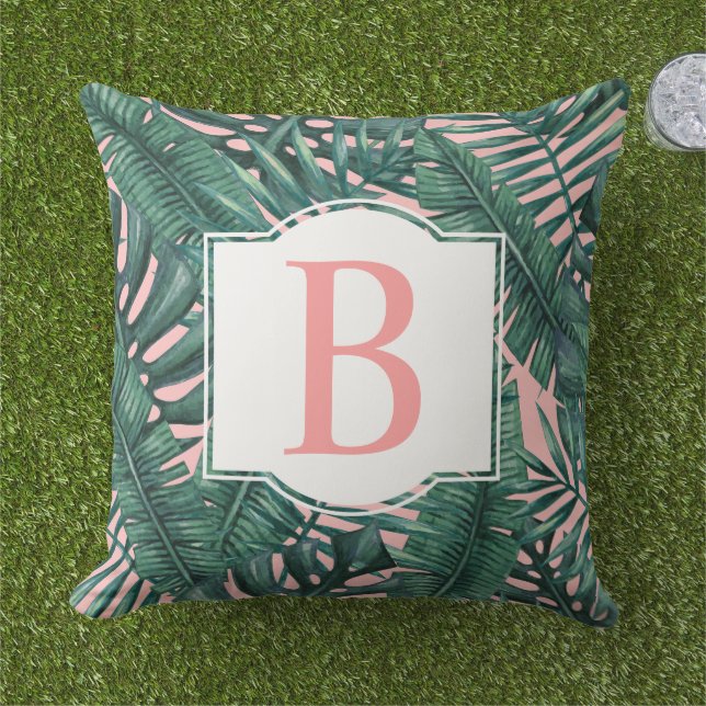 Tropical Dark Palm Leaf Blush Monogram Initial Cushion (Grass)