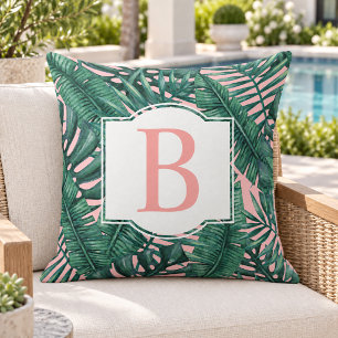 Tropical Dark Palm Leaf Blush Monogram Initial Cushion