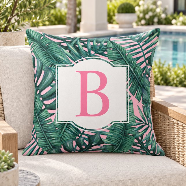 Tropical Dark Palm Leaf Pink Monogram Initial Cushion (Creator Uploaded)
