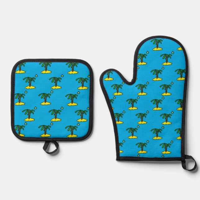 Tropical Desert Islands Pattern on an Oven Mitt & Pot Holder Set (Front)