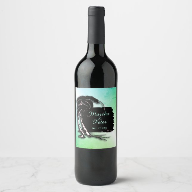 Tropical Design Green Tint Names and Date Wine Label (Front)
