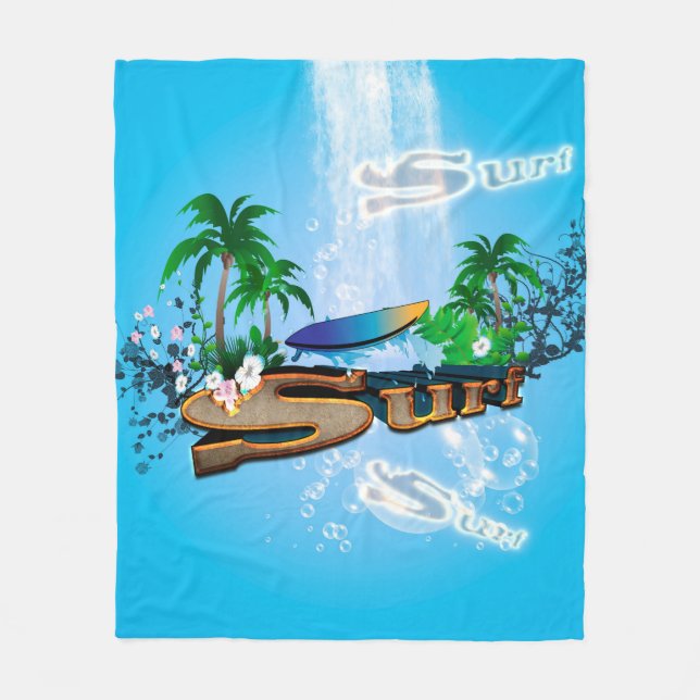 Tropical design with surfboard, palm and flowers fleece blanket (Front)