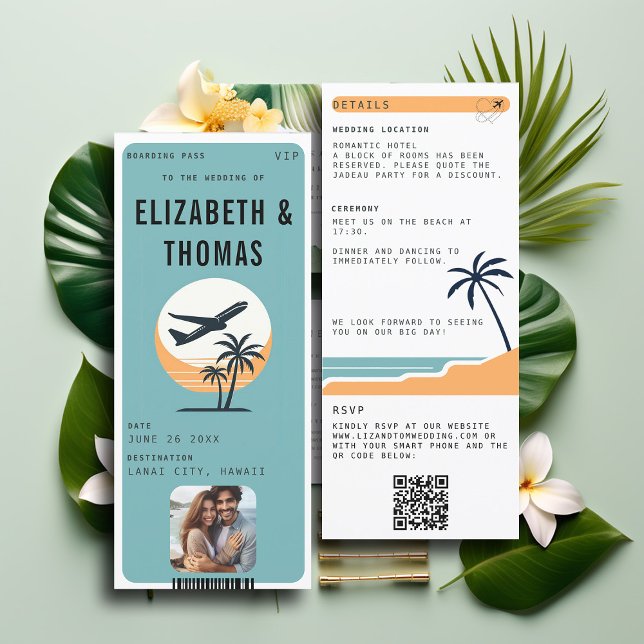 Tropical Destination Beach Modern Photo Wedding Invitation (tropical beach destination wedding invitation boarding pass qr code all in one photo modern)