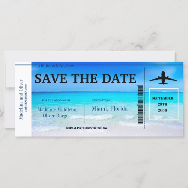 Tropical Destination Blue  Wedding Save The Date (Front)