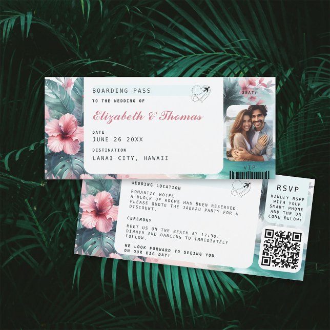Tropical Destination Boarding Pass Photo Wedding Invitation (tropical destination wedding invitation ticket floral hibiscus watercolor qr code photo all in one)