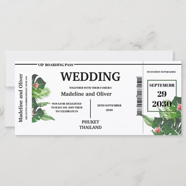 Tropical  Destination Boarding Pass Wedding Invite (Front)