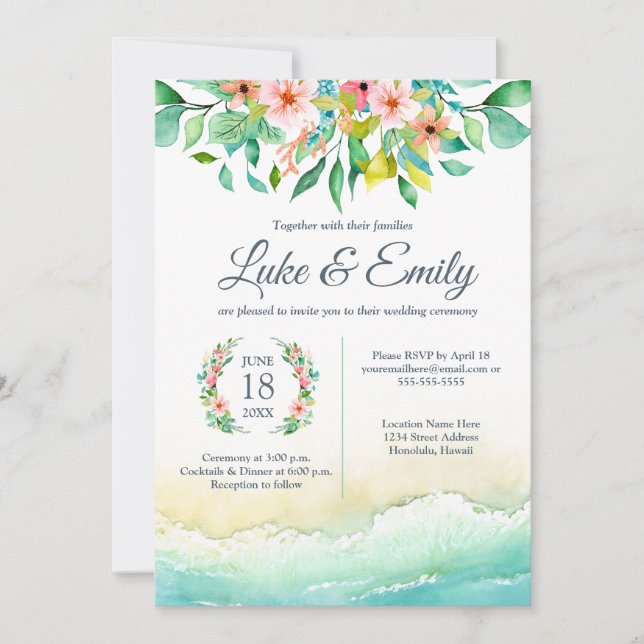 Tropical Destination Watercolour Wedding Invitation (Front)