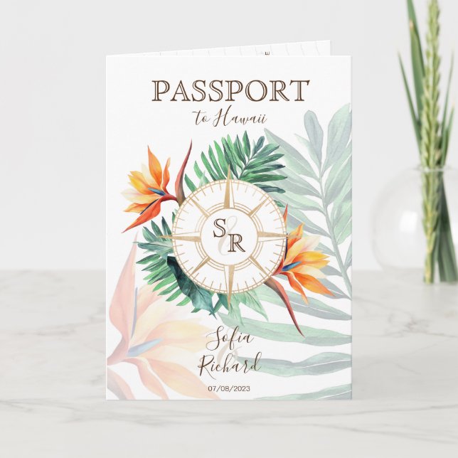 Tropical  Destination Wedding Passport QR Code Invitation (Front)