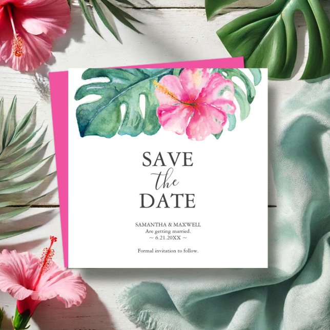 Tropical Destination Wedding Save The Date Cards (Destination wedding save the date invitations watercolor pink hibiscus flower and palm leaf)