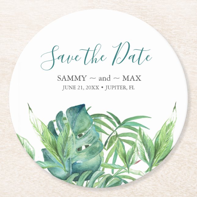 Tropical Destination Wedding Save the Date Round Paper Coaster (Front)