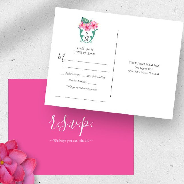 Tropical Destination Wedding Song Request RSVP Postcard (Monogrammed tropical destination wedding rsvp postcard watercolor art by Victoria Grigaliunas)