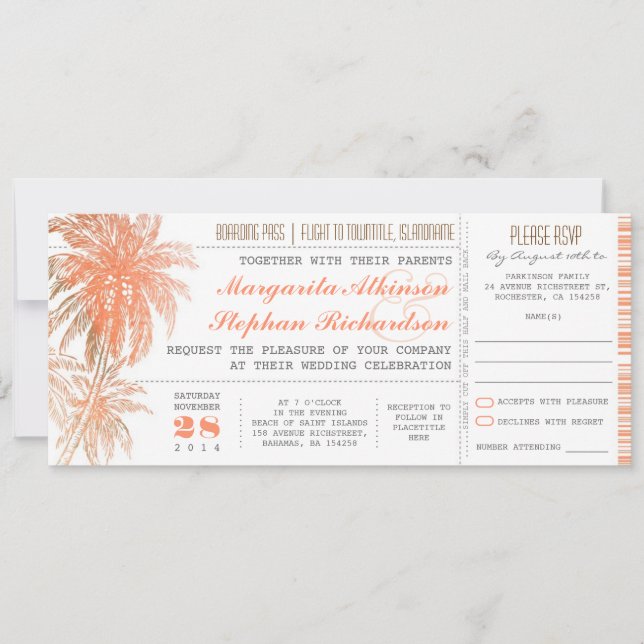 Tropical destination wedding tickets invitation (Front)