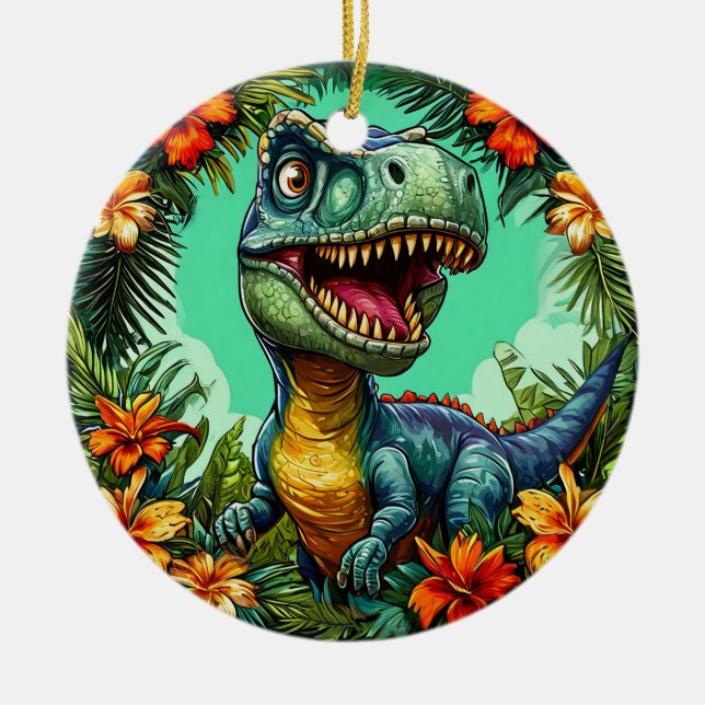 🦖 Tropical Dinosaur Floral Ceramic Holiday Tree Decoration (Front)