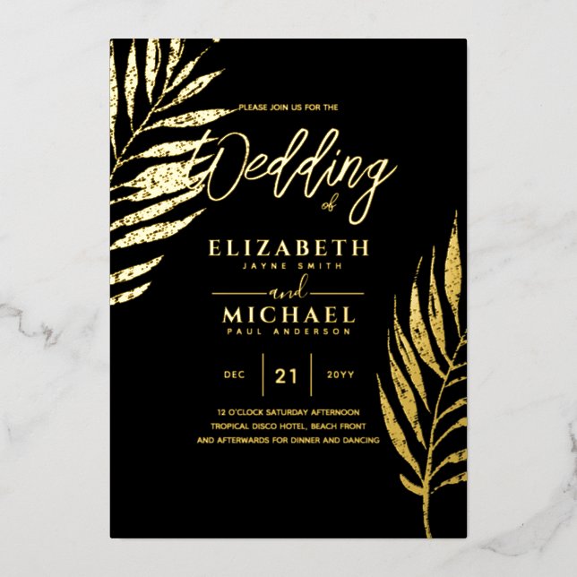 Tropical Disco Wedding Invitation Gold Black (Front)