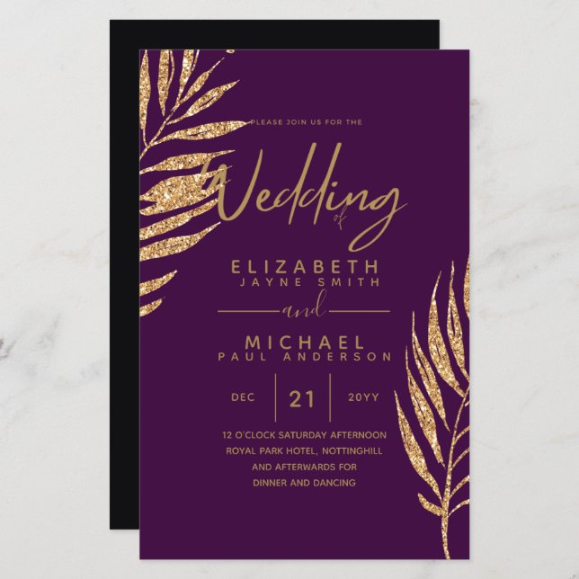 Tropical Disco Wedding Invitation Gold Leaves (Front/Back)