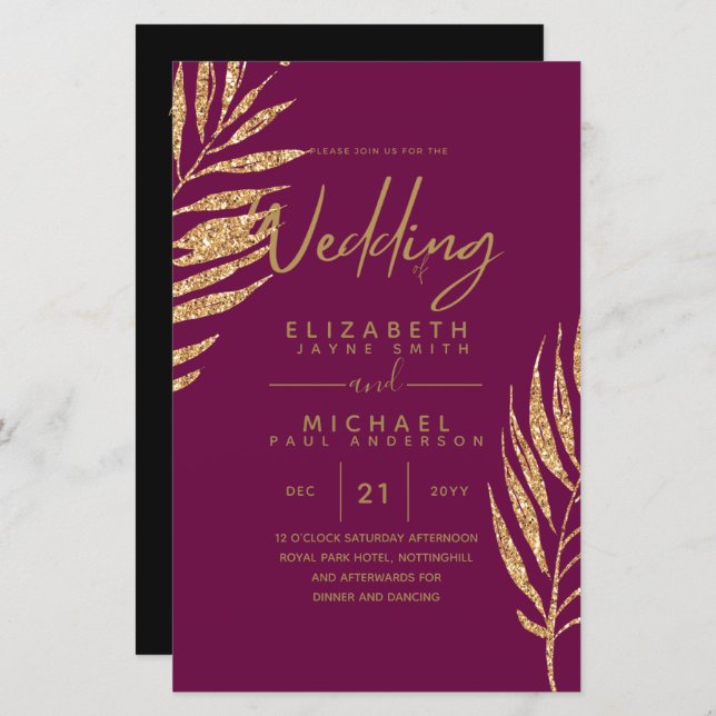 Tropical Disco Wedding Invitation Gold Leaves (Front/Back)