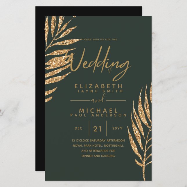 Tropical Disco Wedding Invitation Gold Leaves (Front/Back)