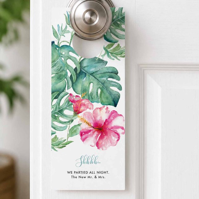 Tropical Do Not Disturb Door Hanger (Do not disturb door hanger designed with watercolor pink hibiscus flowers and monstera leaves.)