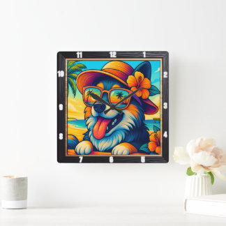 Tropical Dog Sunglasses Cartoon Square Wall Clock