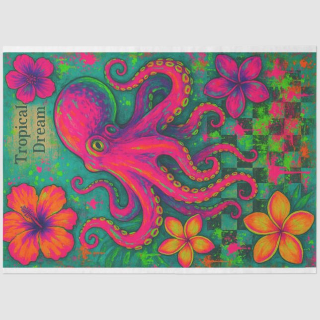Tropical Dream – Neon Octopus Decoupage Paper |  (Front)