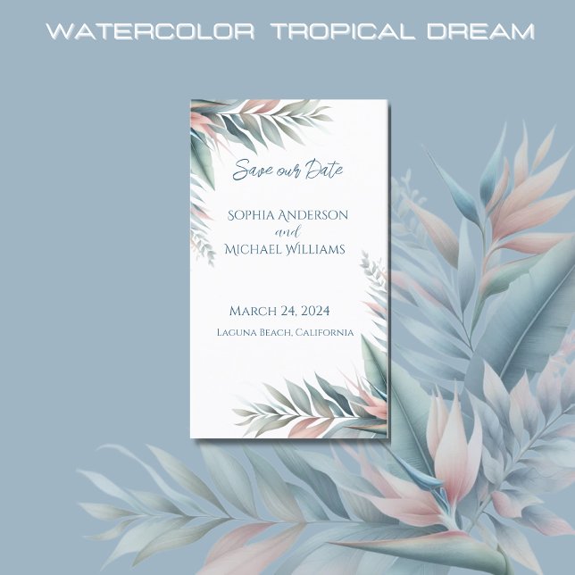 Tropical Dream- Wedding-Save the Date- Business Card (Watercolor Tropical Dream Wedding Save the Date-Coastal-Pastel Colors)