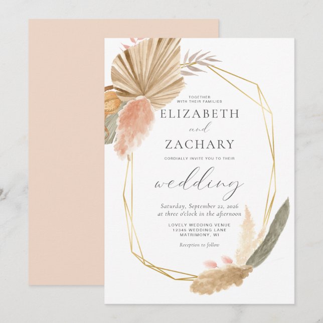 Tropical Dried Palm Gold Geometric Wedding Invitation (Front/Back)