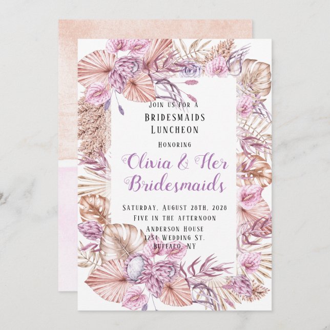 Tropical Dried Palm Leave Floral Bridesmaids Lunch Invitation (Front/Back)