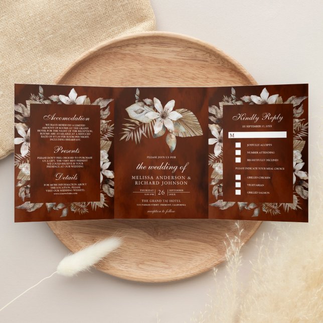  Tropical Dried Palm Leaves Burnt Orange Wedding Tri-Fold Invitation (Creator Uploaded)