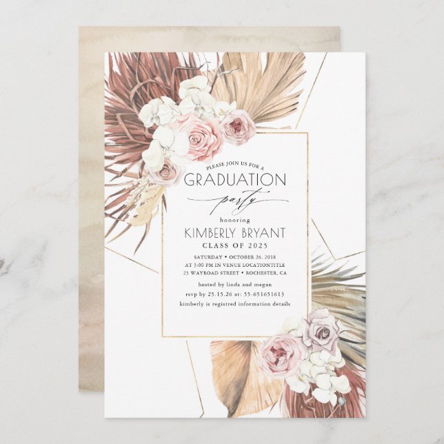 Tropical Dried Palm Leaves Foliage Graduation Invitation (Front/Back)