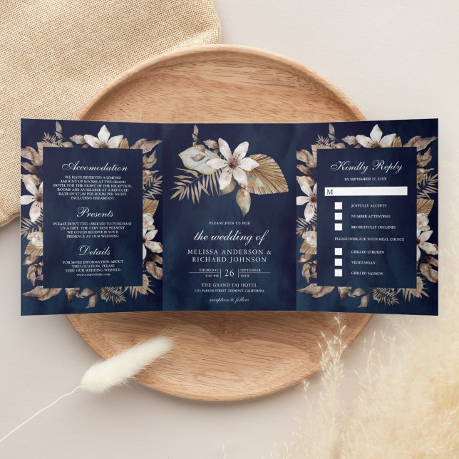  Tropical Dried Palm Leaves Navy Blue Wedding Tri-Fold Invitation (Creator Uploaded)