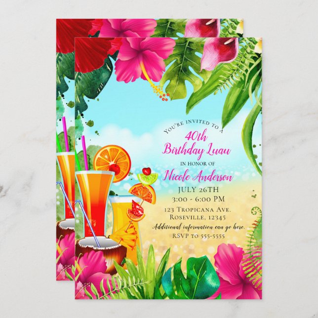 Tropical Drinks & Flowers Summer Birthday Party Invitation (Front/Back)