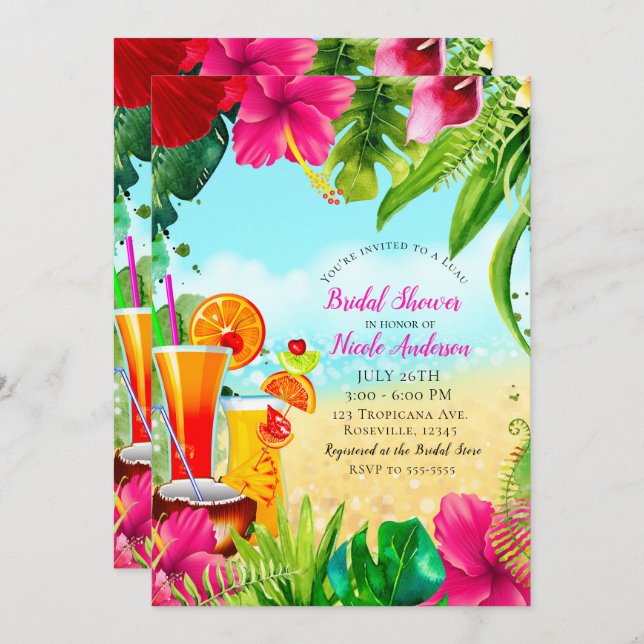Tropical Drinks & Flowers Summer Bridal Shower Invitation (Front/Back)