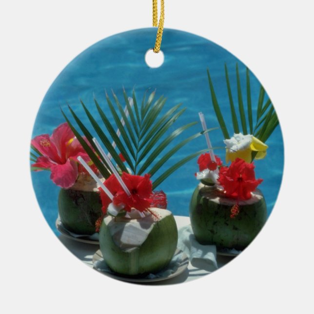 Tropical drinks, Hawaii flowers Ceramic Tree Decoration (Front)