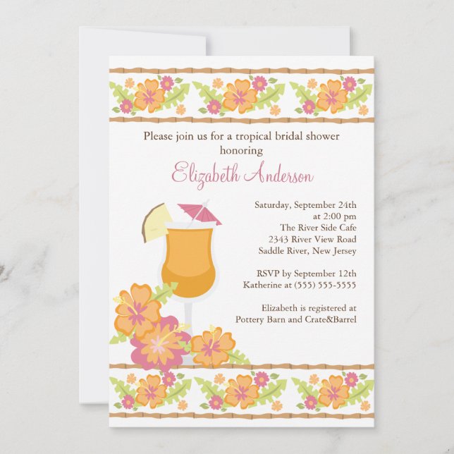 Tropical Drinks Hibiscus Flowers Bridal Shower Invitation (Front)