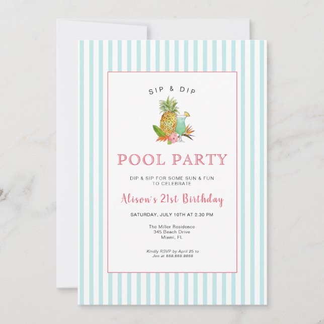 Tropical drinks Pool party Birthday  Invitation (Front)