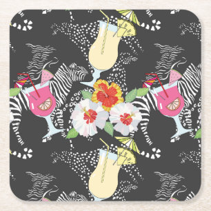 Tropical Drinks With Animals Square Paper Coaster