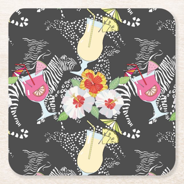 Tropical Drinks With Animals Square Paper Coaster (Front)
